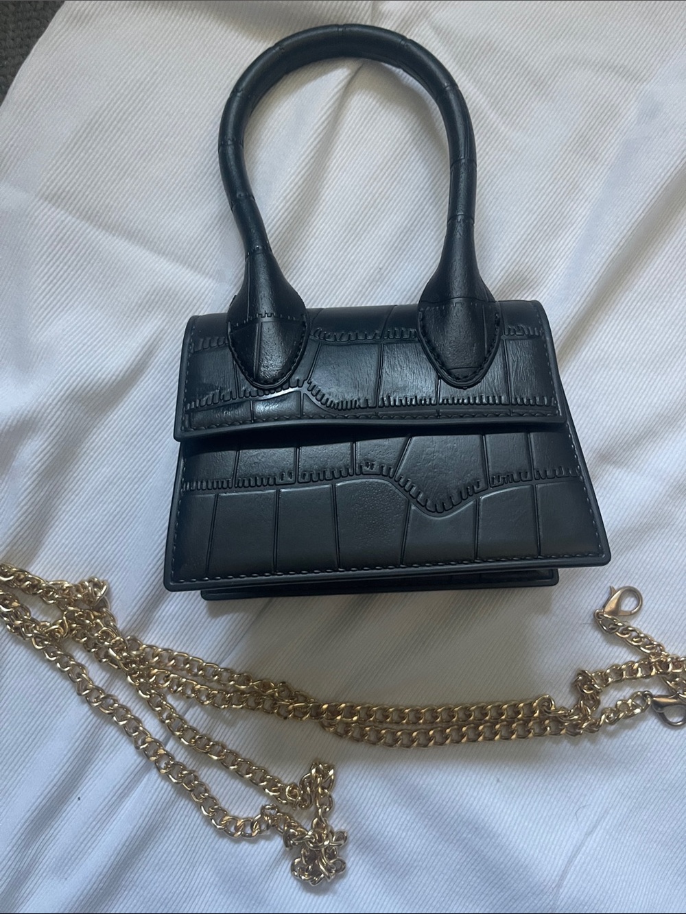 Black Leather Like Structured Mini Top-Handle Bag with Gold Chain
